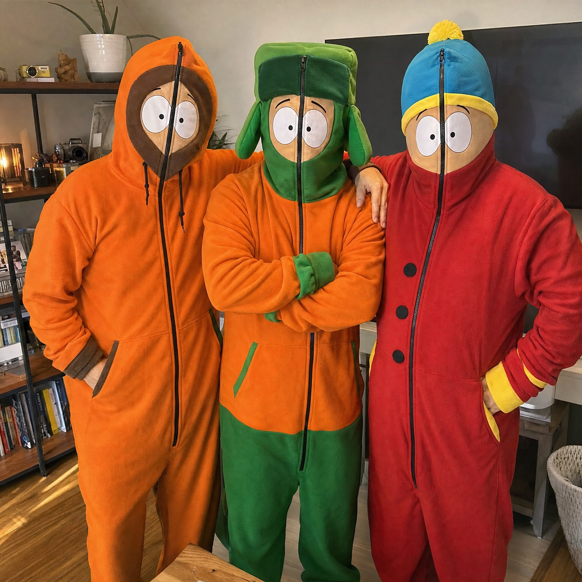 Friends wearing full-body character onesies